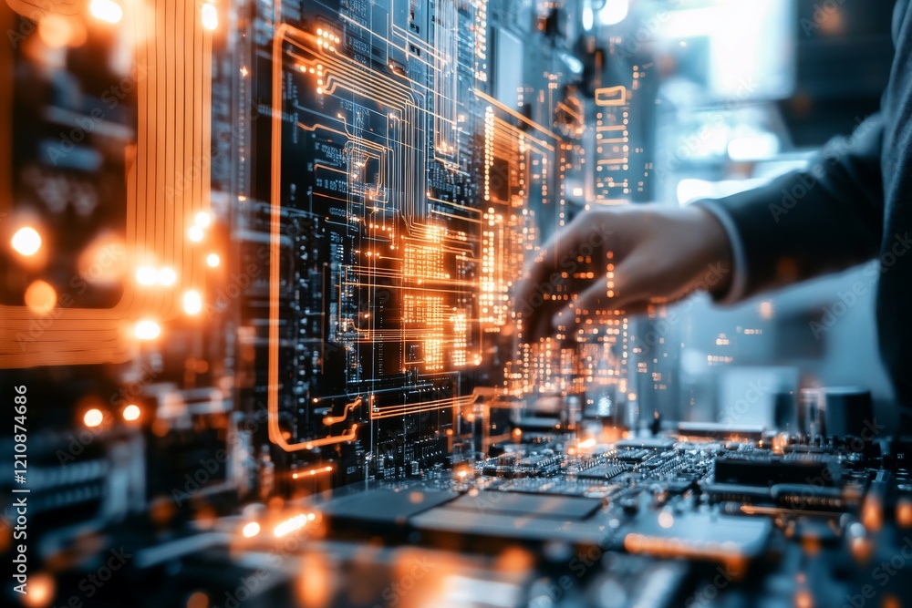 Poster technological innovation in action with a professional examining a circuit board in a modern workspa