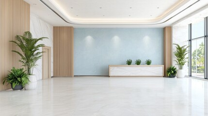 Fototapeta premium Modern empty office reception lobby features a white desk, green potted plants, and bright natural light.