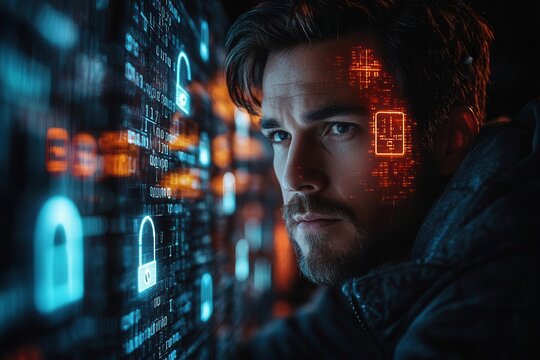 cybersecurity specialist in dark room illuminated by holographic security interfaces multiple floating digital padlocks and binary code projections in cyan and purple