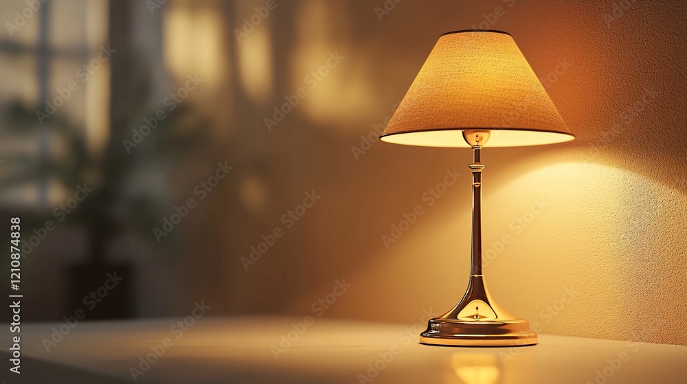 Poster illuminated table lamp on nightstand.