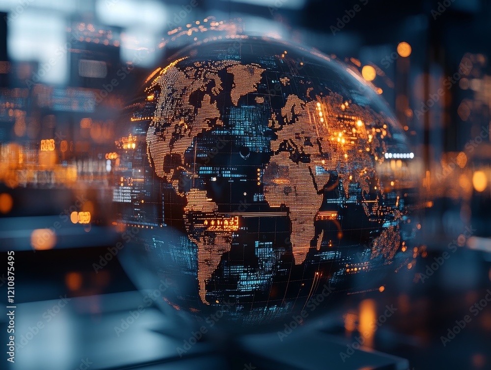 Poster global network connections highlighted on a digital globe illuminated by vibrant lights and data