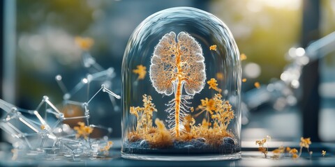 Innovative concept of a tree inside a glass dome with glowing roots and flowers representing sustainability and nature preservation