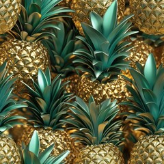 Fototapeta premium Abstract 3D pineapples with textured golden surfaces and vibrant green crowns . Seamless abstract 3d pattern background