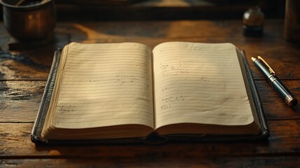 Open notebook with handwritten notes on a wooden table, warm lighting, vintage pen and ink bottle nearby