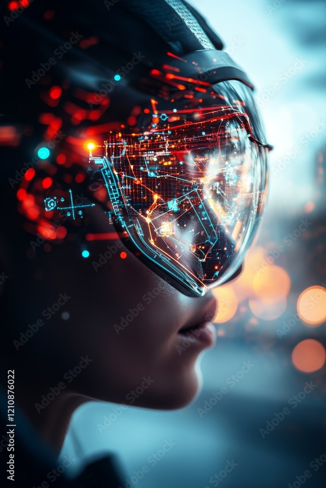 Poster futuristic individual wearing high-tech goggles while exploring a digital interface in an urban envi