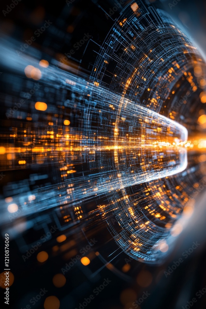 Poster dynamic digital lines creating a futuristic abstract effect with glowing particles in motion at dusk