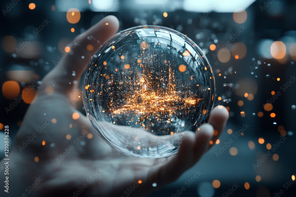 Aufkleber capturing a luminous orb filled with enchanting sparkles in a hand during a creative indoor session