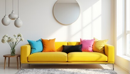A vibrant yellow couch adorned with eclectic, colorful pillows invites relaxation beneath a stylish round mirror. Three white pendants dangle elegantly overhead, casting gentle light across the cozy r