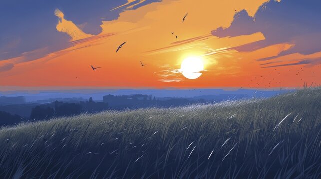 Vibrant sunset over grassy hills with birds in flight