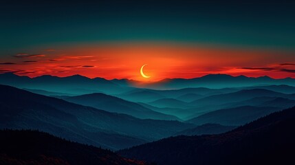 Obraz premium Sunset crescent moon over layered mountains
