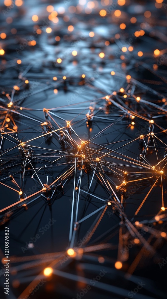 Poster intricate network of illuminated nodes showcases connectivity in a dark environment with glowing lig