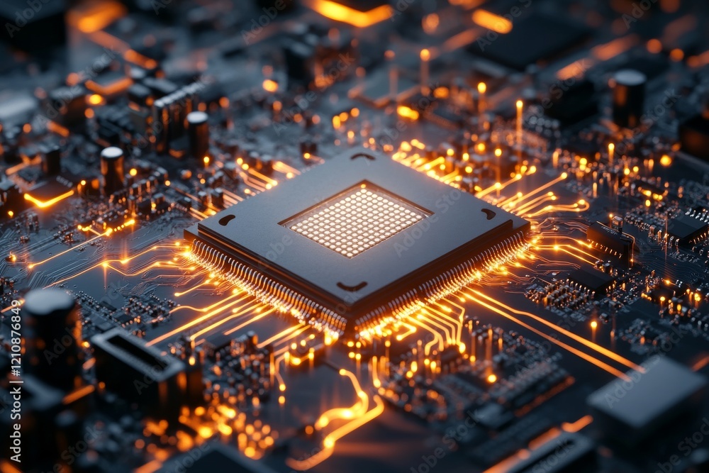 Poster high-tech microchip with intricate circuitry and glowing connections on a dark background