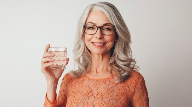 Smiling happy healthy middle aged 50s woman holding glass of water taking dietary supplement vitamin pink pill isolated on white background. Old women multivitamins antioxidants for anti age beauty.