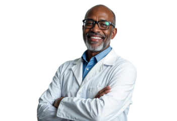 A experienced scientist smiling - transparent background