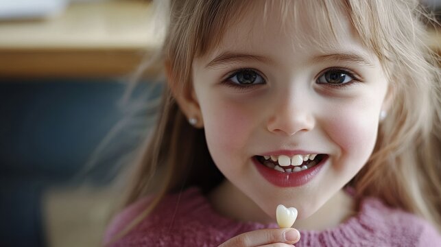 Small girl showing lost baby tooth indoors in classroom, looking at camera.