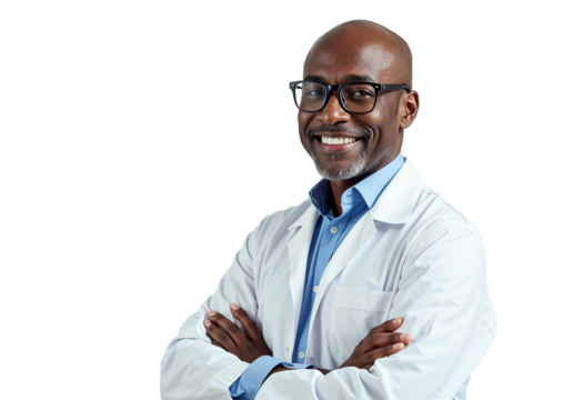 A experienced scientist smiling - transparent background