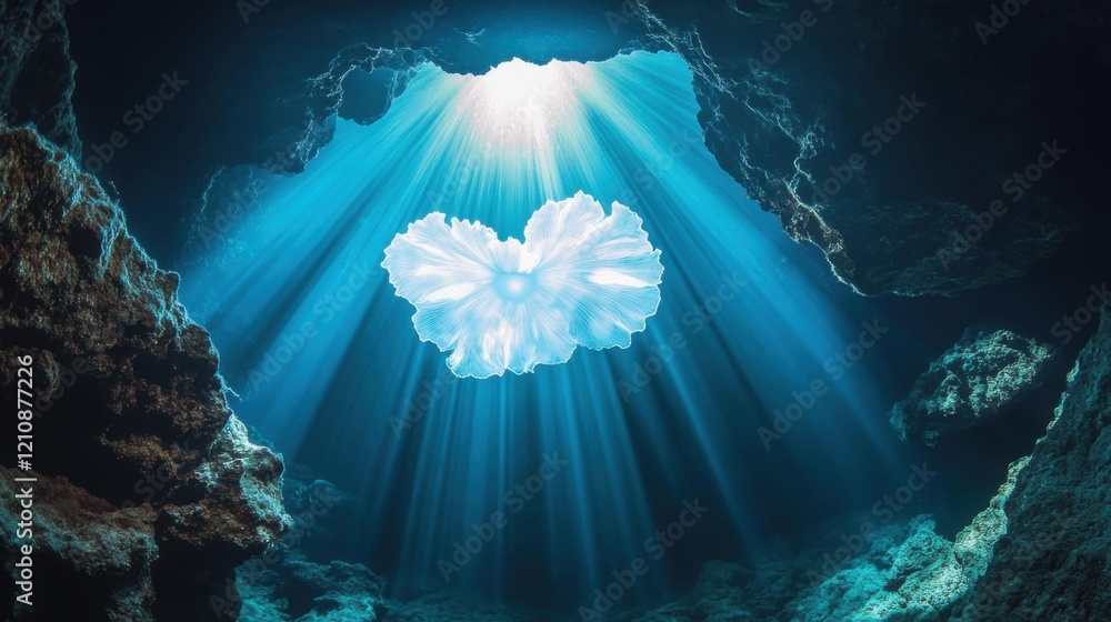 Poster ethereal underwater scene featuring sunlight filtering through cave system illuminating a beautiful,