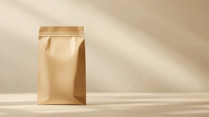 Kraft pouch mockup, studio lighting, beige background, packaging design