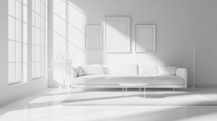 Side view on all-white interior design in sunny modern living room with comfortable sofa, carpet and coffee table on glossy floor, empty frame pictures on the wall and big window. 3D rendering