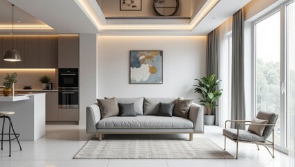 Fototapeta premium A chic light gray couch rests elegantly on pristine white tiled floors. Positioned rightward, it's complemented by a stylish gray and white rug, adding warmth to the modern setting