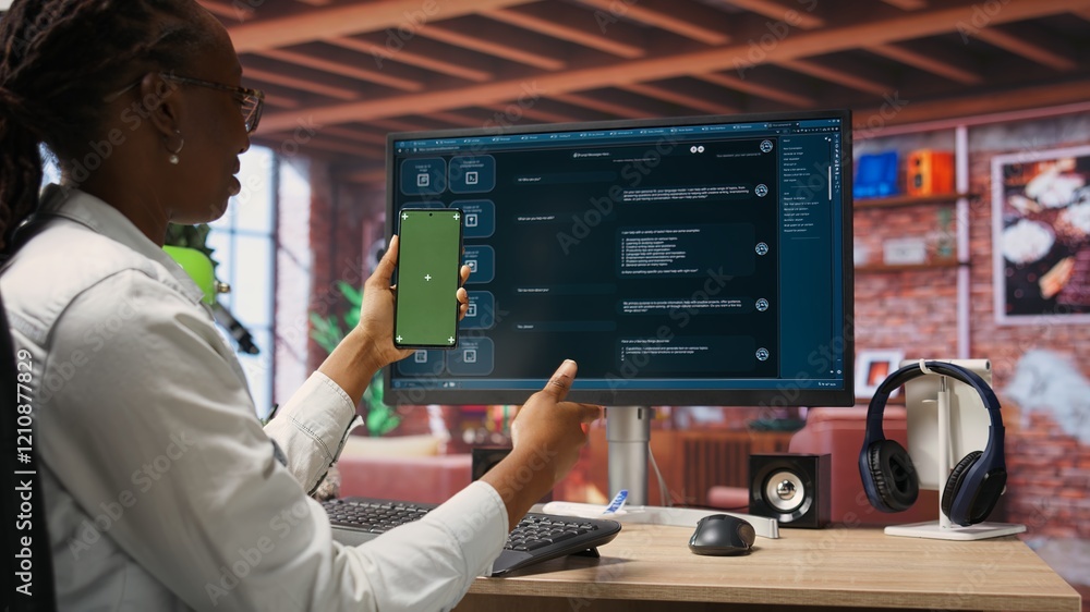 Poster woman seated at desk using ai llm chatbot software and green screen phone in modern urban home offic