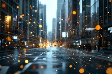 Fototapeta premium City streets illuminated by glowing lights during a rainy evening with a blurred motion effect