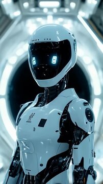 Vertical video Artificial intelligence is a huge responsibility. Robot android is activated, moves its head, eyes and scans the environment. 