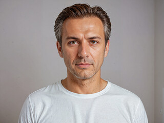 Obraz premium Retrato de un hombre blanco en el interior de una habitación vistiendo una camiseta blanca casual 