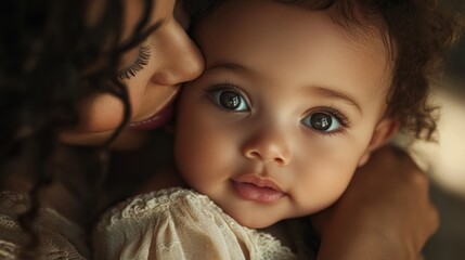 Adorable african american small infant daughter looking at camera in moms arms. Happy young caucasian mother hugging kissing cute mixed race ethnic little 4 months baby girl, close up face portrait.
