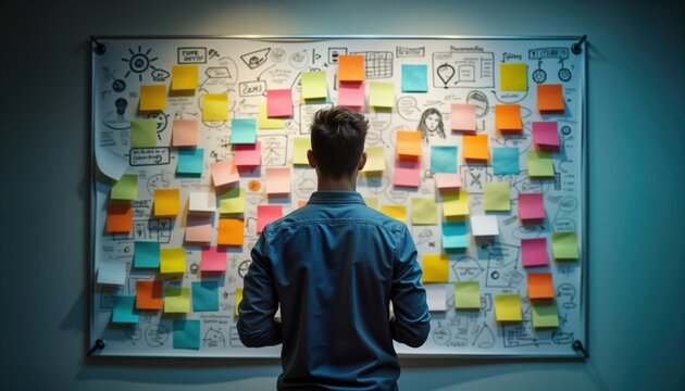 Man analyzes colorful sticky notes on whiteboard. Brainstorming session in progress. Design thinking process visualized. Problem-solving approach. Creative solutions explored. Team collaboration.