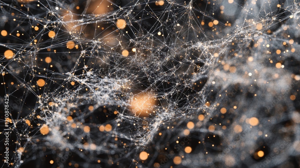 Poster golden particles and plexus lines creating a technological futuristic network on a dark background, 