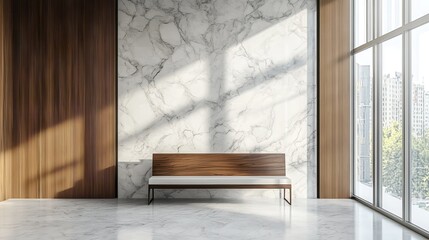 Wooden bench near marble stone wall and wood paneling in cozy hallway. Minimalist home interior design of modern entrance hall with big window. Created with generative AI