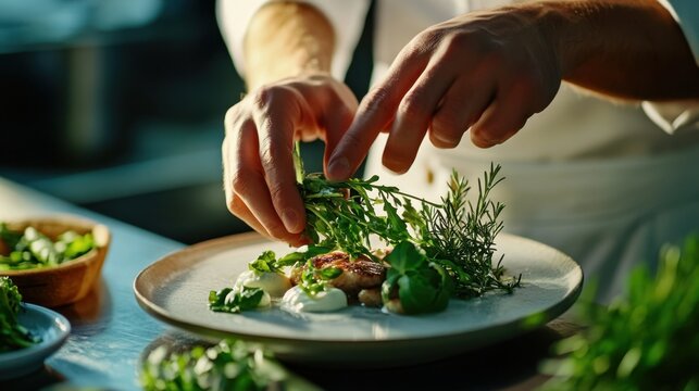 Hands delicately plating a gourmet dish with fresh herbs and vibrant ingredients.