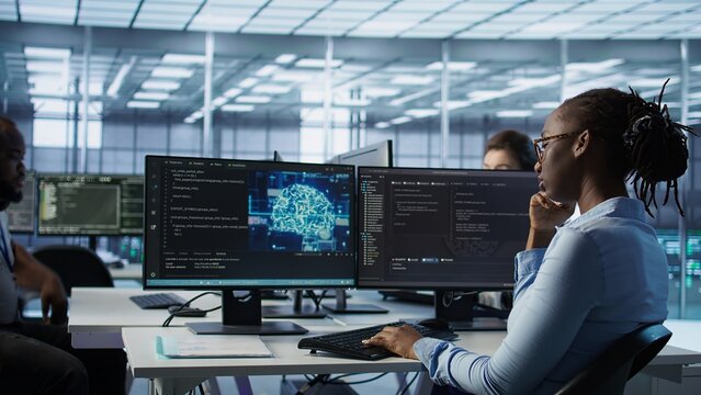 Engineer waiting at PC desk for checkup to be done on AI server room providing computing resources. African american woman investigating data center mainframes using computer, camera B