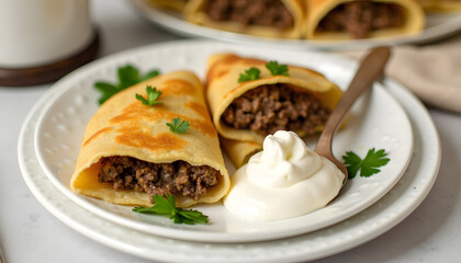 “Meat Stuffed Pancakes with Sour Cream": Picture of pancakes stuffed with meat, served on a plate with a spoonful of sour cream and fresh herbs.