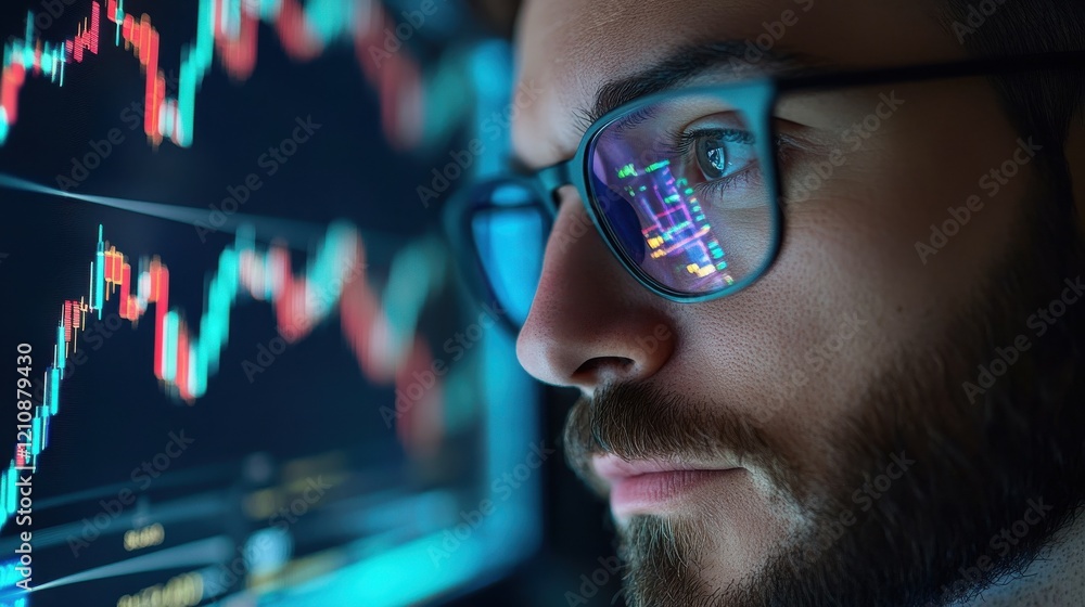 Poster focused crypto trader analyst wearing eyeglasses working looking at computer screen reflecting in gl