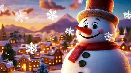 Festive snowman enjoying a magical winter sunset in a cozy village - Powered by Adobe