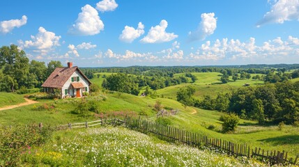 Obraz premium Rural house on hillside, sunny day, scenic landscape, idyllic countryside, perfect for real estate