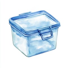 This watercolor illustration showcases a food storage container with intricate detailing, emphasizing its clear structure and vibrant lid