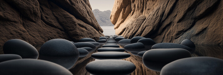 Fototapeta premium Tranquil stone path leading to calm water between rocks.