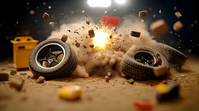 Dramatic explosion amidst tires and debris on dusty ground.