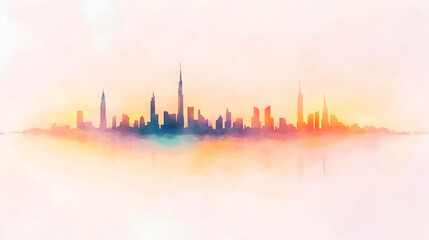 Obraz premium Dreamy city skyline at sunrise, colorful watercolor effect.