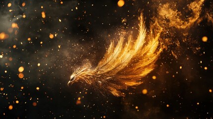 Abstract golden feather formed by shimmering particles and glowing light against a dark background.