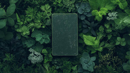 Dark green soap bar nestled amongst lush greenery.