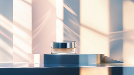 Minimalist skincare cream jar on modern geometric blocks illuminated by pastel sunlight.