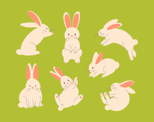 Set of cute funny rabbits in different poses