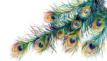 Obraz premium Detailed watercolor renderings peacock feathers with a vintage flair, suitable for high-fashion design.