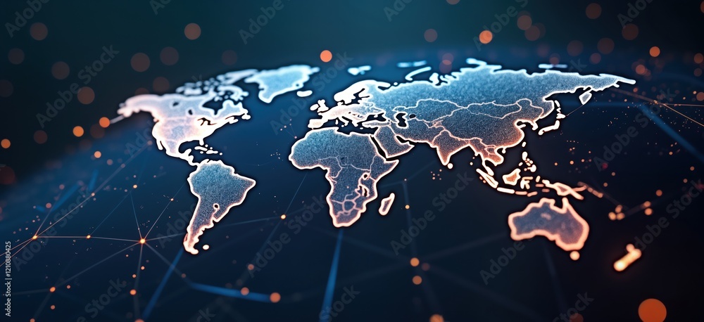 Aufkleber global network illustration shows world map with glowing lines, points. international tech connectio