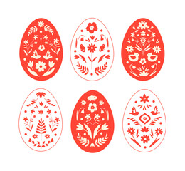 Set of eggs for Easter in folk style. Vector flat design. Floral ornament