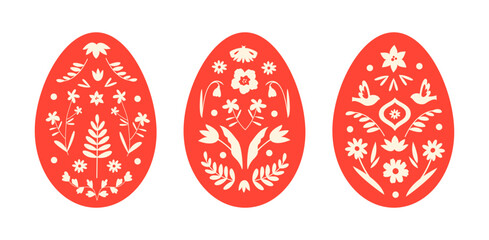 Set of eggs for Easter in folk style. Vector flat design. Floral ornament